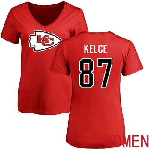 Women Football Kansas City Chiefs 87 Kelce Travis Red Name and Number Logo Slim Fit T-Shirt